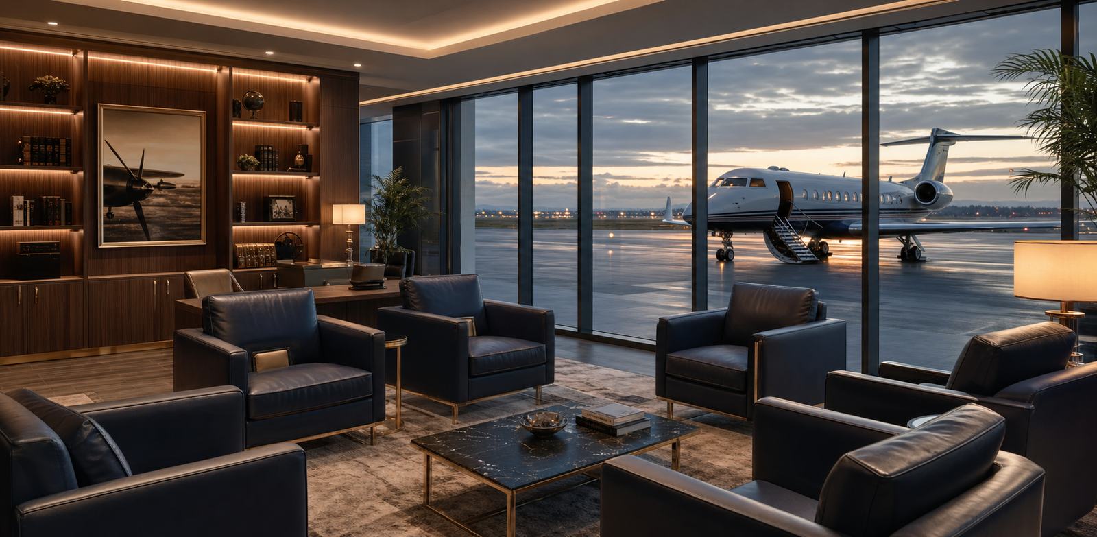 Private aviation lounge overlooking the tarmac