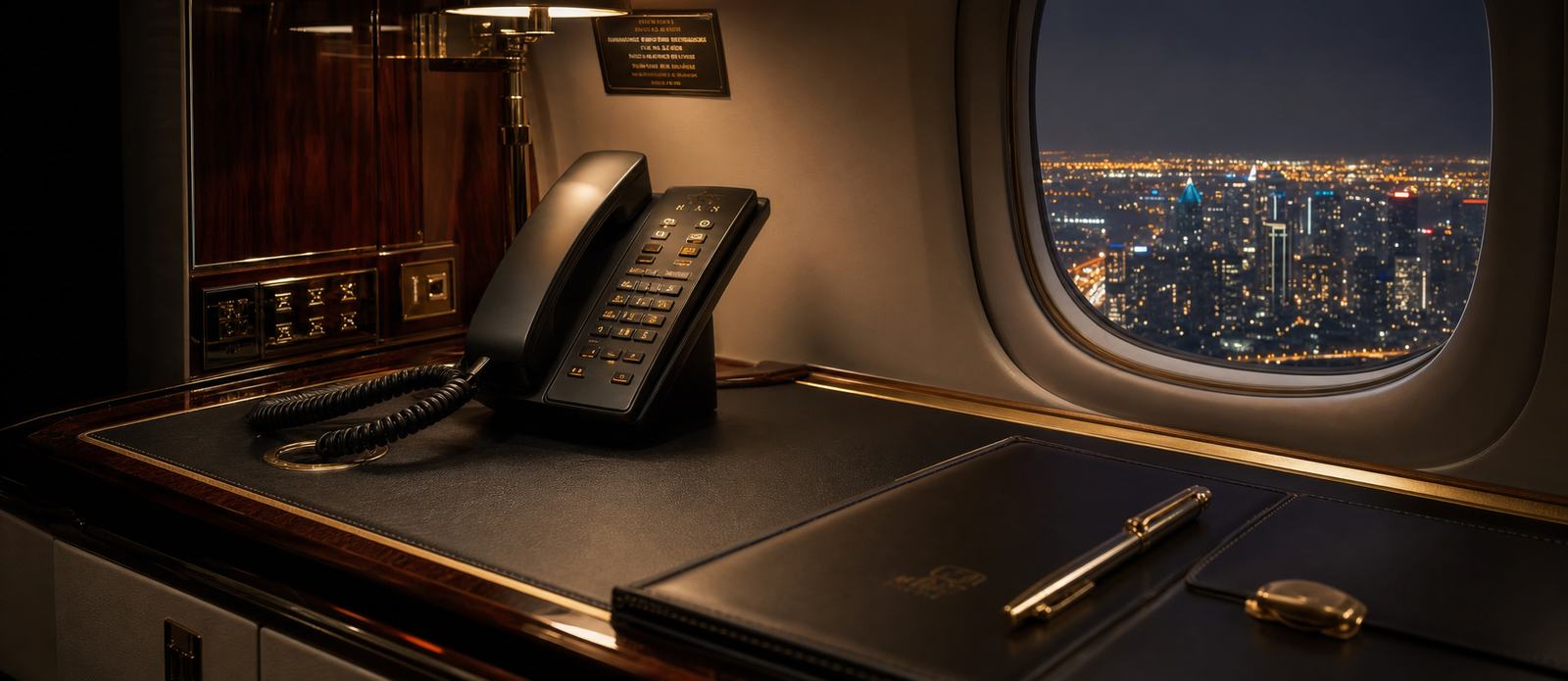 Private jet interior at dusk