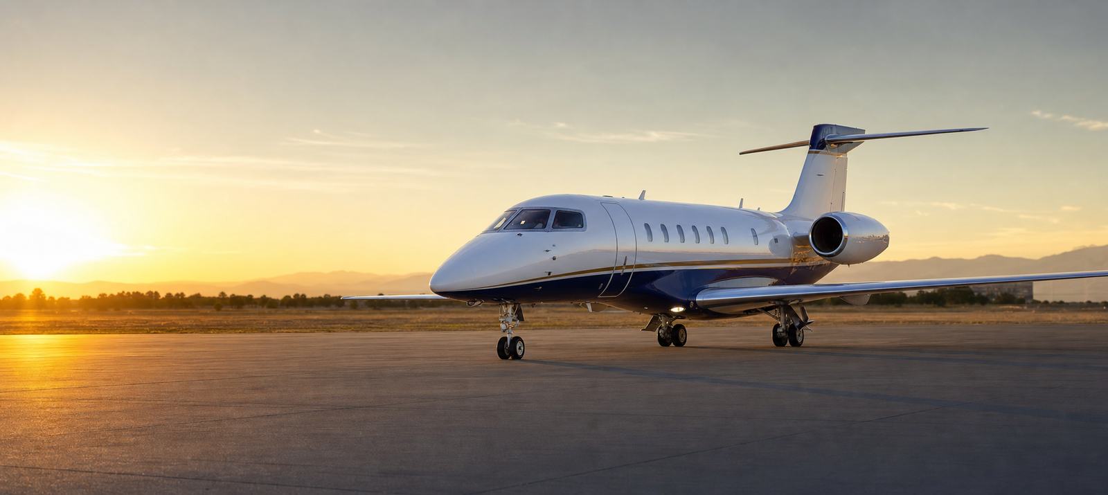 Gulfstream private jet on the tarmac at dusk